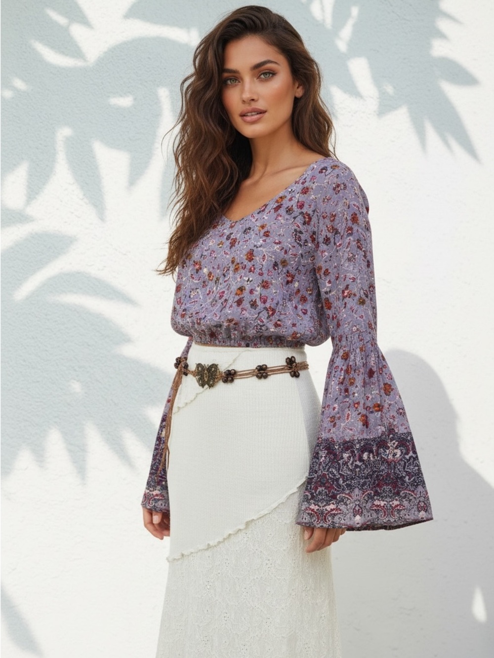 Eyeshadow Lavender Floral Bell-Sleeve Crop Top